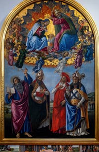Sandro Botticelli, Krönung der Jungfrau Maria, St. Johannes Evangelist, St. Augustinus, St. Hieronymus und St. Eloi, 1490, Galerie Uffizien, Florenz Italien