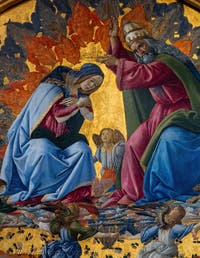 Sandro Botticelli, Krönung der Jungfrau Maria, St. Johannes Evangelist, St. Augustinus, St. Hieronymus und St. Eligius, 1490, Galerie Uffizien, Florenz Italien