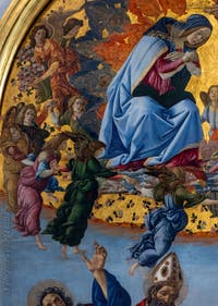 Sandro Botticelli, Krönung der Jungfrau Maria, St. Johannes Evangelist, St. Augustinus, St. Hieronymus und St. Eloi, 1490, Galerie Uffizien, Florenz Italien