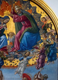 Sandro Botticelli, Krönung der Jungfrau Maria, St. Johannes Evangelist, St. Augustinus, St. Hieronymus und St. Eloi, 1490, Galerie Uffizien, Florenz Italien
