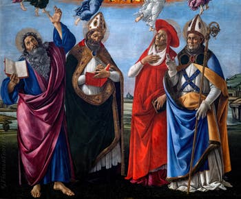 Sandro Botticelli, Krönung der Jungfrau Maria, St. Johannes Evangelist, St. Augustinus, St. Hieronymus und St. Eloi, 1490, Galerie Uffizien, Florenz Italien