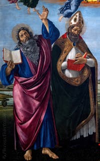 Sandro Botticelli, Krönung der Jungfrau Maria, St. Johannes Evangelist, St. Augustinus, St. Hieronymus und St. Eloi, 1490, Galerie Uffizien, Florenz Italien