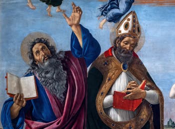 Sandro Botticelli, Krönung der Jungfrau Maria, St. Johannes Evangelist, St. Augustinus, St. Hieronymus und St. Eloi, 1490, Galerie Uffizien, Florenz Italien