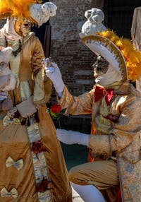 Die Kostümierten des venezianischen Karnevals vor der Madonna della Salute.