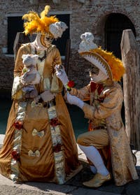 Die Kostümierten des venezianischen Karnevals vor der Madonna della Salute.