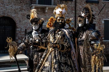 Die Kostümierten des Karnevals in Venedig vor der Kirche Madonna della Salute.