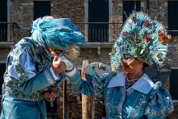 Die Kostümierten des venezianischen Karnevals vor der Madonna della Salute.