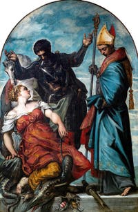 Tintoretto: Der heilige Ludwig, der heilige Georg und die heilige Prinzessin Margareta von Antiochia, in den Accademia-Galerien in Venedig, Italien