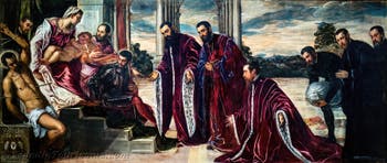 Tintoretto, Die Madonna der Schatzmeister mit der Jungfrau und dem Kind sowie den Heiligen Sebastian, Markus und Theodor, drei Kämmerer und deren Sekretäre, in den Gallerie dell’Accademia in Venedig, Italien