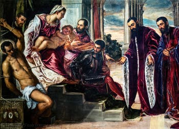 Tintoretto, Die Madonna der Schatzmeister mit der Jungfrau und dem Kind sowie den Heiligen Sebastian, Markus und Theodor, drei Kämmerer und deren Sekretäre, in den Gallerie dell’Accademia in Venedig, Italien