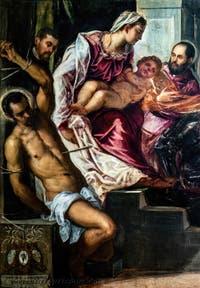 Tintoretto, Die Madonna der Schatzmeister mit der Jungfrau und dem Kind sowie den Heiligen Sebastian, Markus und Theodor, drei Kämmerer und deren Sekretäre, in den Gallerie dell’Accademia in Venedig, Italien