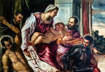 Tintoretto, Die Madonna der Schatzmeister mit der Jungfrau und dem Kind sowie den Heiligen Sebastian, Markus und Theodor, drei Kämmerer und deren Sekretäre, in den Gallerie dell’Accademia in Venedig, Italien