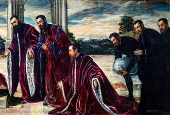 Tintoretto, Die Madonna der Schatzmeister mit der Jungfrau und dem Kind sowie den Heiligen Sebastian, Markus und Theodor, drei Kämmerer und deren Sekretäre, in den Gallerie dell’Accademia in Venedig, Italien