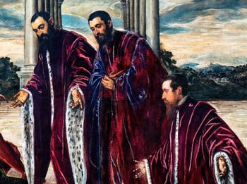 Tintoretto, Die Madonna der Schatzmeister mit der Jungfrau und dem Kind sowie den Heiligen Sebastian, Markus und Theodor, drei Kämmerer und deren Sekretäre, in den Gallerie dell’Accademia in Venedig, Italien