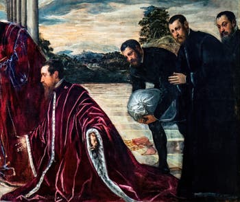 Tintoretto, Die Madonna der Schatzmeister mit der Jungfrau und dem Kind sowie den Heiligen Sebastian, Markus und Theodor, drei Kämmerer und deren Sekretäre, in den Gallerie dell’Accademia in Venedig, Italien
