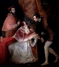 Tizian, Papst Paul III. mit seinen Neffen Alexander und Octavian Farnese, Museum Capodimonte in Neapel, Italien