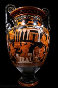 Krater mit Voluten, Der Mord an Neoptolemus in Delphi, Galleria d’Italia Zevallos in Neapel, Italien