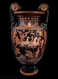 Apulischer Krater mit Voluten, rotfigurig, Apotheose des Herkules, Szene eines dionysischen Komos, Galleria d’Italia Zevallos in Neapel, Italien