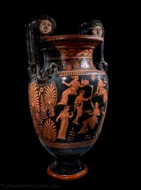 Apulischer Krater mit Voluten, rotfigurig, Apotheose des Herkules, Szene eines dionysischen Komos, Galleria d’Italia Zevallos in Neapel, Italien