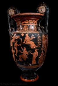 Apulischer Krater mit Voluten, rotfigurig, Apotheose des Herkules, Szene eines dionysischen Komos, Galleria d’Italia Zevallos in Neapel, Italien