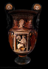 Krater mit Voluten, Verstorbene im Naiskos sowie Opfernde und Frauen zu beiden Seiten einer Grabstele, Galleria d’Italia Zevallos in Neapel, Italien