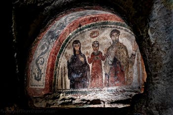 Fresko aus dem Grab von Theotecnus, Hilaritas und Nonnosa, Katakomben von San Gennaro in Neapel, Italien