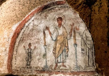 Fresko mit San Gennaro, Nicaziola und Cominia, Katakomben von San Gennaro in Neapel, Italien