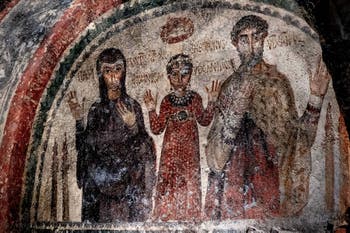 Fresko aus dem Grab von Theotecnus, Hilaritas und Nonnosa, Katakomben von San Gennaro in Neapel, Italien