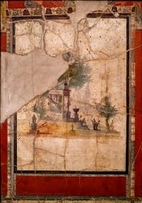 Wandgemälde mit Landschaft und Sakralbauten, Boscoreale, Villa des Agrippa Postumo, Archäologisches Museum von Neapel