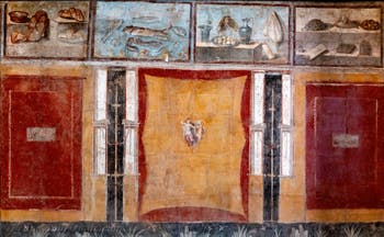 Dekoratives Wandgemälde und Stillleben, Pompeji, Praedia di Giulia Felice, Archäologisches Museum von Neapel