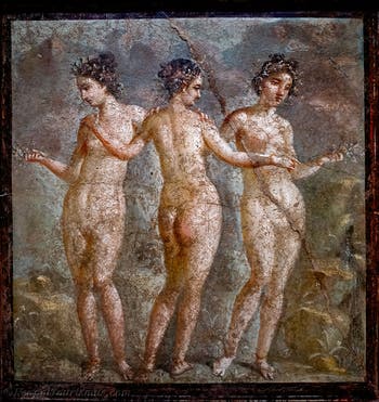 Fresko, Die drei Grazien, die Chariten Aglaia, Euphrosyne und Thalia, Pompeji, Casa di Titus Dentatius Panthera, Archäologisches Museum von Neapel