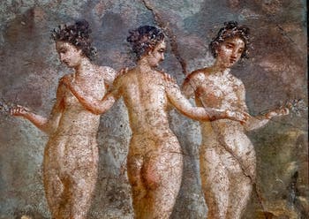 Fresko, Die drei Grazien, die Chariten Aglaia, Euphrosyne und Thalia, Pompeji, Casa di Titus Dentatius Panthera, Archäologisches Museum Neapel