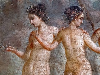 Fresko, Die drei Grazien, die Chariten Aglaia, Euphrosyne und Thalia, Pompeji, Casa di Titus Dentatius Panthera, Archäologisches Museum Neapel
