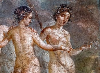 Fresko, Die drei Grazien, die Chariten Aglaia, Euphrosyne und Thalia, Pompeji, Casa di Titus Dentatius Panthera, Archäologisches Museum Neapel