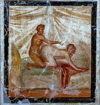 Szene, die einen Geschlechtsakt darstellt, Pompeji, Lupanar, Archäologisches Museum Neapel