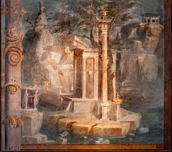 Wandgemälde Die Heilige Pforte, Tempel und Eisvogel, Pompeji, Isis-Tempel, Archäologisches Museum von Neapel
