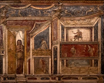Fresko Frauen an der Tür und auf dem Balkon, Pompeji, Casa di Meleagro, Archäologisches Museum Neapel