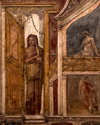 Fresko Frauen an der Tür und auf dem Balkon, Pompeji, Casa di Meleagro, Archäologisches Museum Neapel