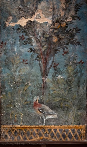 Wandgemälde, Garten, Granatapfelbaum und Vögel, Herculaneum, Archäologisches Museum von Neapel