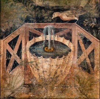 Fresko Brunnen in einem Garten mit einem Vogel, Pompeji, Archäologisches Museum von Neapel