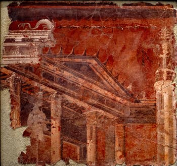Wandgemälde, Gebäude mit Tympanon, Herculaneum, Augusteum, Archäologisches Museum von Neapel