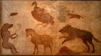 Fresko Götter des Nils, Pavian, Schlange, Widder, Geier, Maulwurf, Manguste und Hund oder Schakal, Pompeji, Tempel der Isis, Sacrarium, Archäologisches Museum Neapel