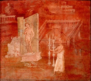 Wandgemälde Opfergabe an die Statue des Harpokrates, Pompeji, Isis-Tempel, Portikus, Archäologisches Museum von Neapel