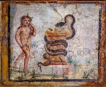 Fresko Harpokrates und die Schlange, Herculaneum, Casa del Colonnato Tuscanico, Archäologisches Museum Neapel