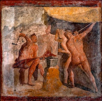 Fresko Die Schmiede des Hephaistos, Pompeji, Casa delle Quadrighe, Archäologisches Museum Neapel