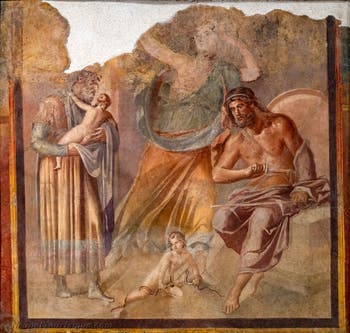 Fresko Herkules als Kind erwürgt Schlangen, Herculaneum, Archäologisches Museum Neapel