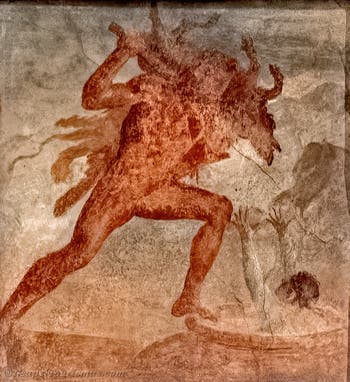 Fresko Herkules bringt Eurystheus das Erymanthos-Wildschwein in einem Topf, Herculaneum, Augusteum, Archäologisches Museum Neapel