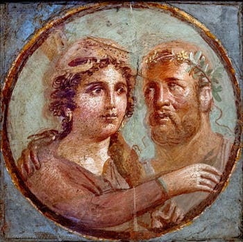Fresko Herkules und Omphale mit dem Löwenfell auf seinem Kopf, Area Vesuviana, Archäologisches Museum Neapel