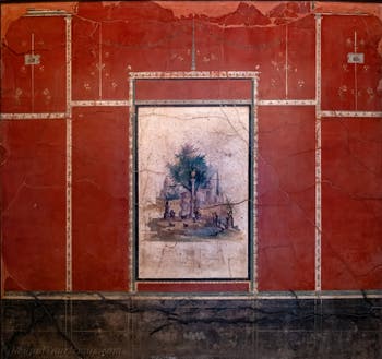 Wandgemälde Idyllische und heilige Landschaft, Boscoreale, Villa di Agrippa, Archäologisches Museum von Neapel