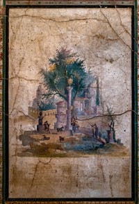 Wandgemälde Idyllische und heilige Landschaft, Boscoreale, Villa di Agrippa, Archäologisches Museum von Neapel